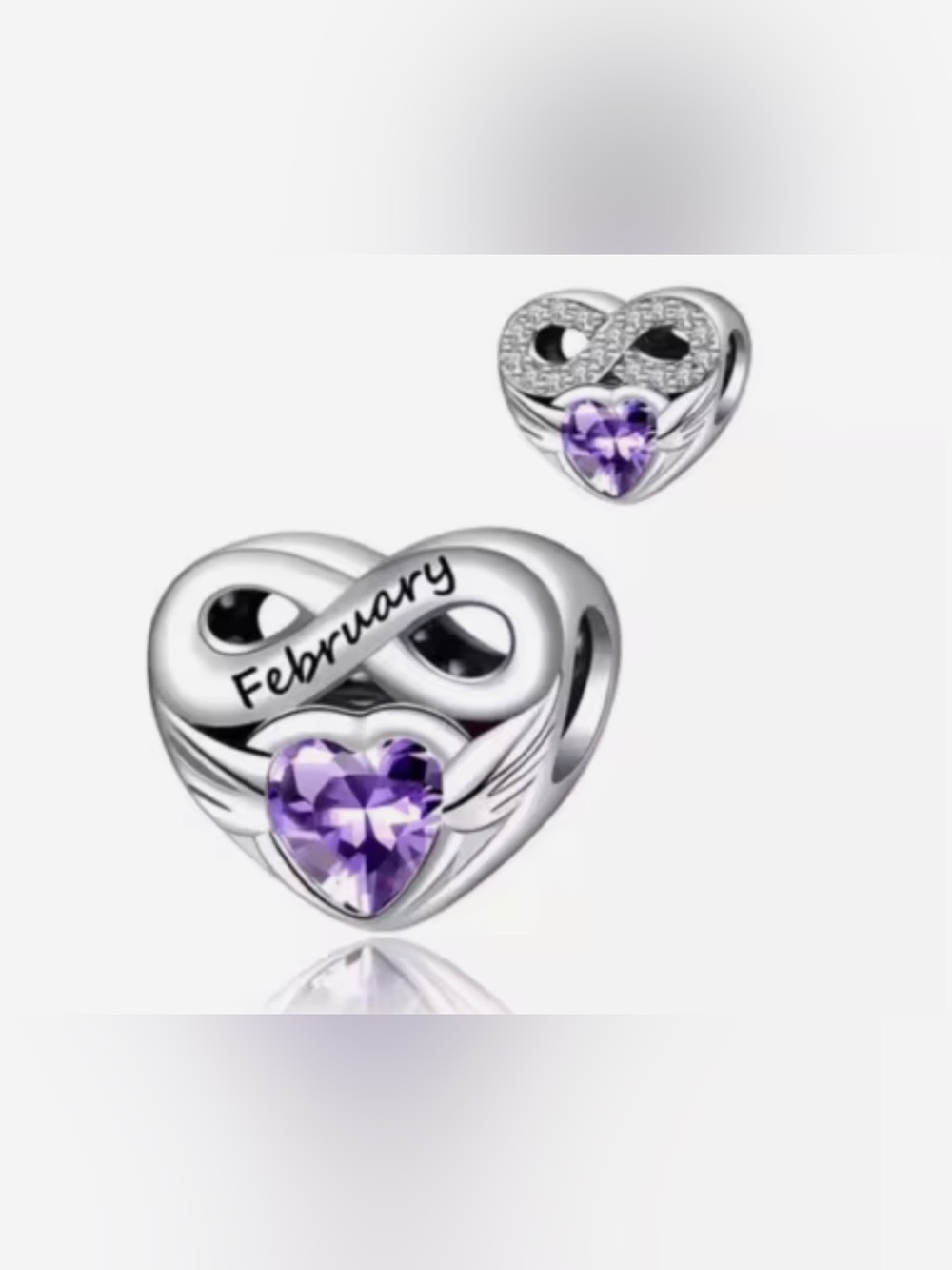 Silver Heart Birthstone Charm for Month of February